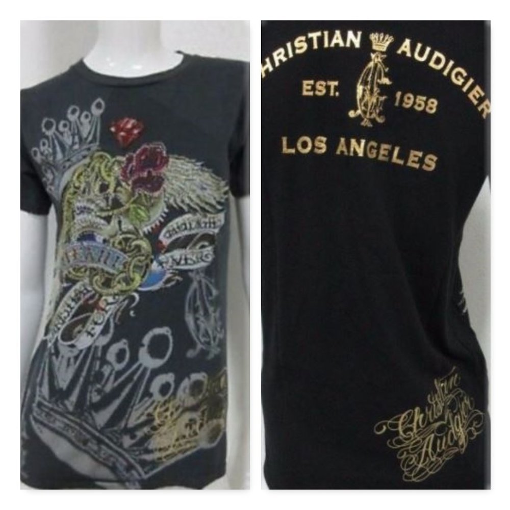 Christian Audigier Life Kills Skull Rhinestone Tee